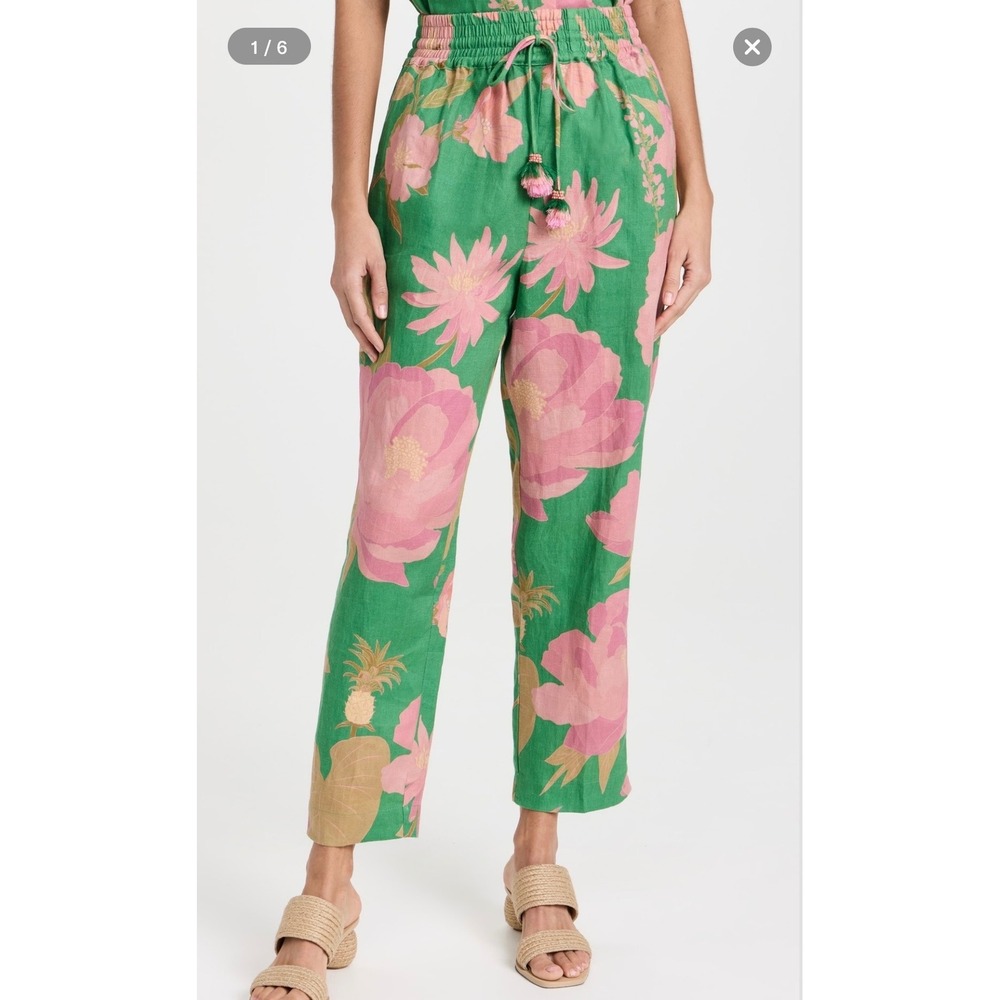 Farm Rio Green Wild Peonies Linen Pants Floral Pineapple Tassel Size L and top - Picture 5 of 16